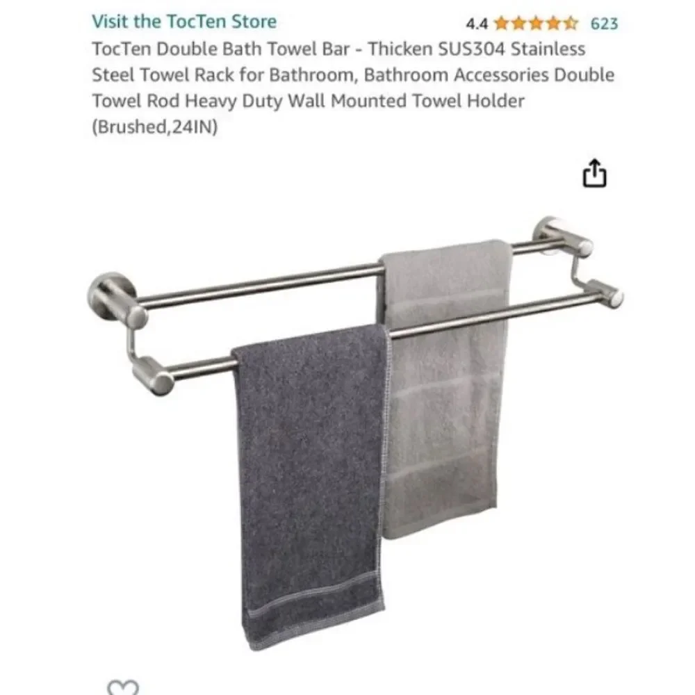 *NEW*Set Of 2 TocTen Stainless Steel Thicken Wall Mounted Double Bath Towel Bar